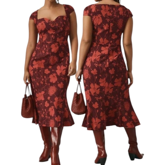 Anthropologie Dresses & Skirts - Maeve by Anthropologie Cecily Sweetheart Midi Dress Red Floral Fit & Flare SZ Lg